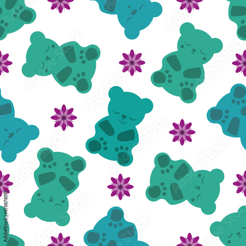 Sleep gummies vector seamless pattern background. Backdrop with green gummy bears and purple flowers . Cute kawaii style characters for sleeping well, melatonin natural aid and health concept.