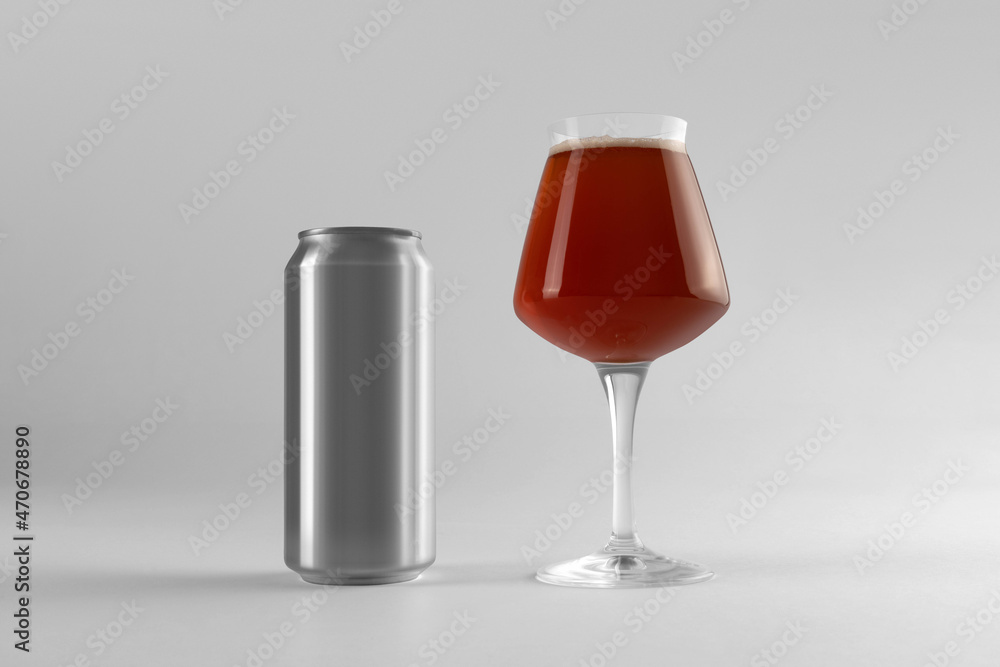 Blank beer can and glass with beer on a white background, front view