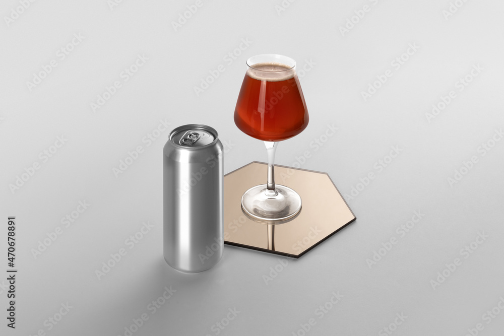 Blank beer can and glass with beer on a mirror, white background, craft beer mockup templates, with empty space to place your label or design Blank beer can and glass with beer on a mirror, white background, craft beer mockup templates, with empty space to place your label or design