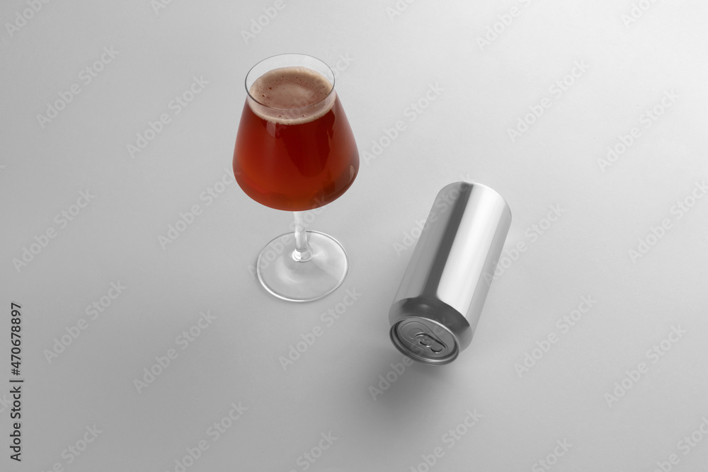 Blank beer can and glass with beer on a white background, craft beer