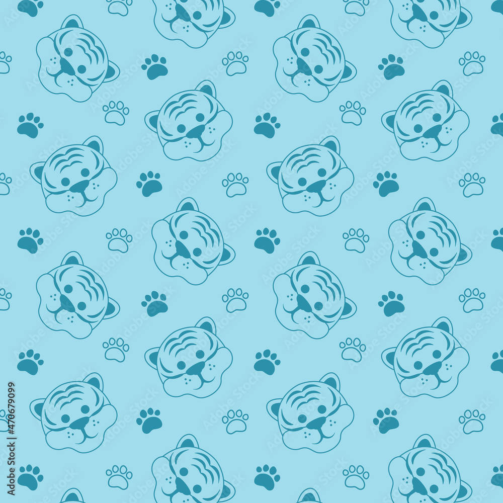 Seamless pattern with tiger. Symbol of New Year 2022. Blue background. Fashionable fabric design. Seamless pattern with tiger. Symbol of New Year 2022. Blue background. Fashionable fabric design.