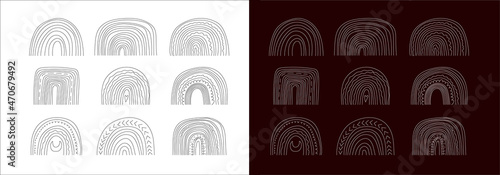 Rainbows in the boho style. Arc line Doodles Arc clipart. A suitable for baby, newborn cute prints of postcards, textiles, tee, decoration of children s rooms. Vector illustration.