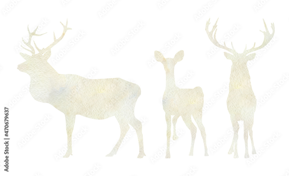 Naklejka premium Watercolor winter deer silhouette. Abstract wild animal forest in the snow for baby poster, christmas card, greeting card, wedding cad, banners, social media stories stikers.