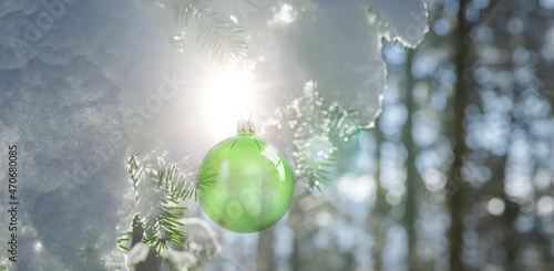 Grüne Weihanchtskugeln an einem schneebedeckten Tannenzweig