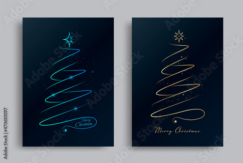 Happy New Year greeting card design with stylized gold and blue Christmas tree on dark background. Vector illustration