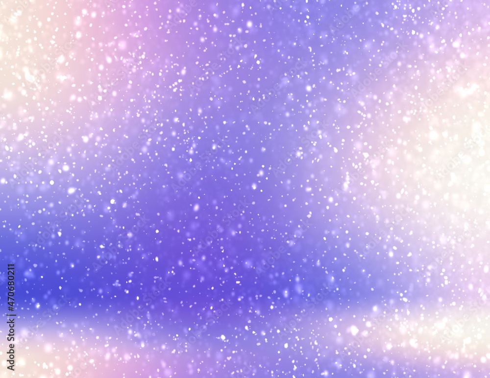 Soft snow falling into lilac empty room illuminated reflected spotlights. Winter textured background 3d.