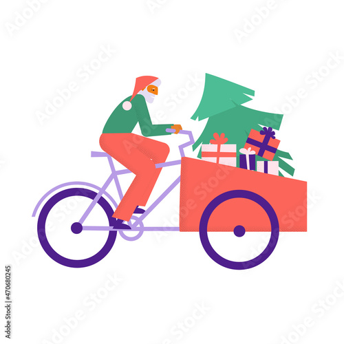 Senior man in red hat riding cargo bicycle with Christmas gifts and tree. Elderly man on bakfiets with presents and Christmas tree in it. Flat vector illustration