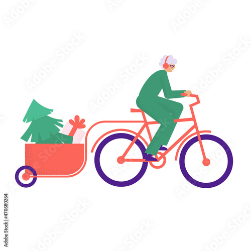 Senior woman in red hat riding cargo bicycle with Christmas gifts and tree. Elderly lady on bike with presents and Christmas tree in cart. Flat vector illustration