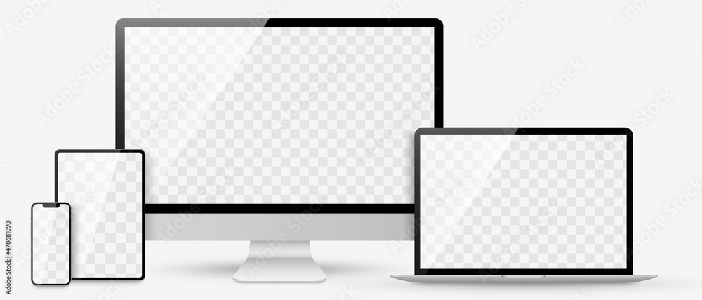Fototapeta premium Realistic set computer, laptop, tablet and smartphone. Device screen mockup collection. Realistic mock up computer, laptop, tablet, phone with shadow- stock vector.