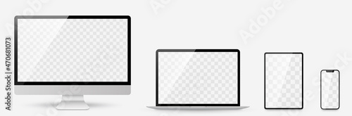 Realistic set computer, laptop, tablet and smartphone. Device screen mockup collection. Realistic mock up computer, laptop, tablet, phone with shadow- stock vector.