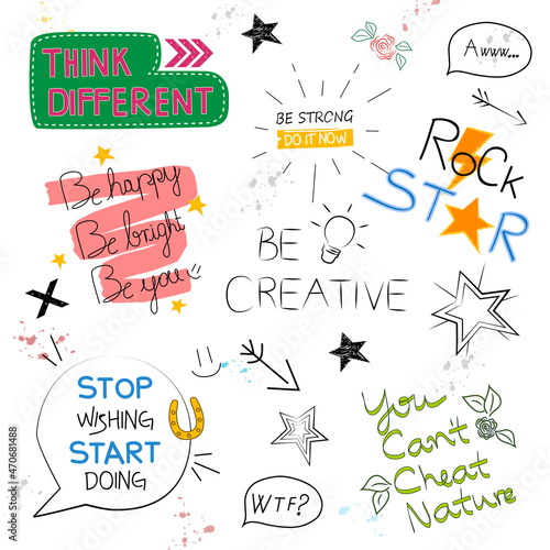Slogan set isolated on background. Trendy hand drawn typography for web site, label, poster, placard and t shirt print template. Creative kids painting art concept, vector illustration
