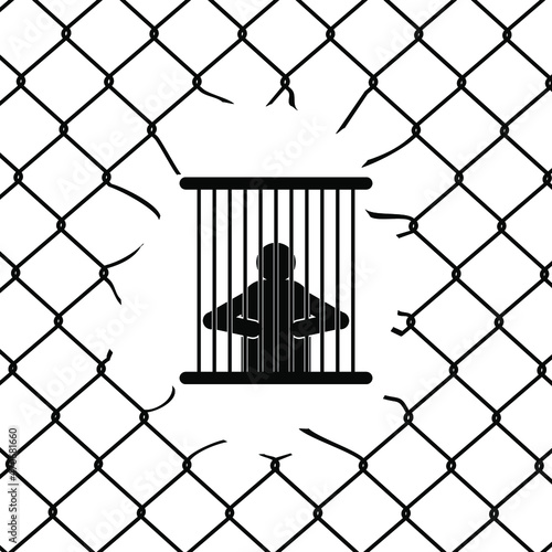 Man in prison behind bars, black sign for design on white background, vector illustration