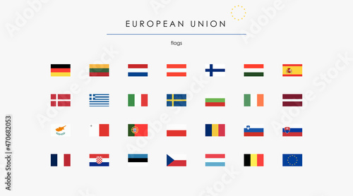 European Union flat flags illustration. Set of European Union flags, rectangular icons, European countries, and emblem vector. National sign of state icon isolated on white. Political design elements