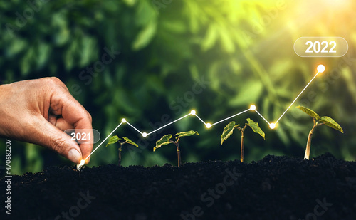 Seedling are growing from soil with growth comparative year 2021 to 2022. New year 2022 development to success, strategy, plan, goals and vision. Business growth, profit development and success graph.