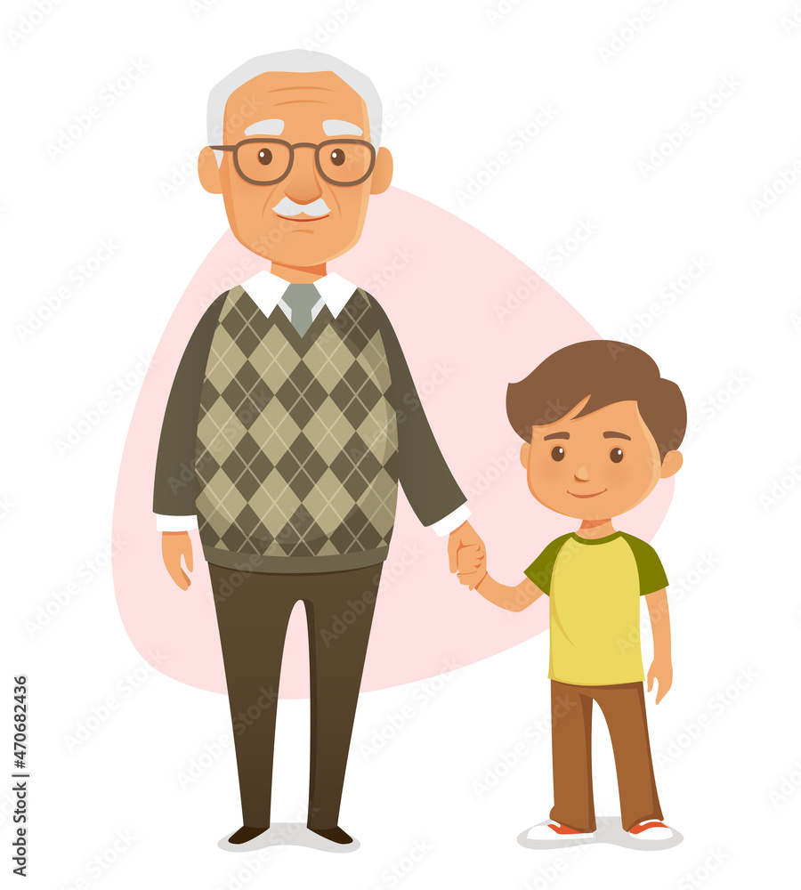cute cartoon illustration of a grandfather with his grandson, holding hands