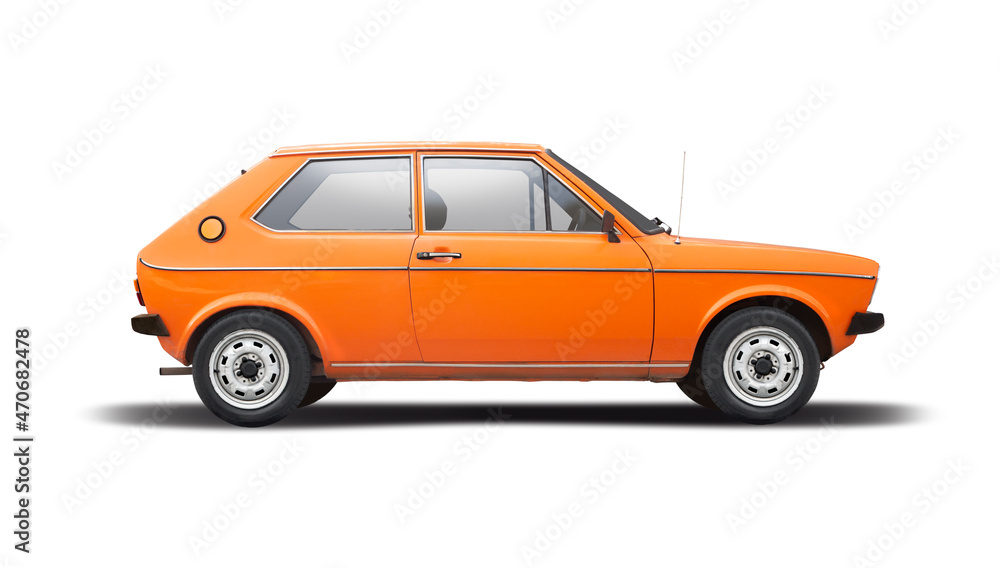 Classic small sport hatchback car side view isolated on white background