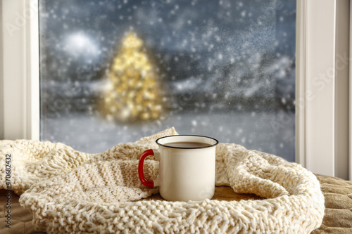 Winter mug of free space and window background 