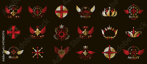 Heraldic Coat of Arms vector big set, vintage antique heraldic badges and awards collection, symbols in classic style design elements, family or business logos.