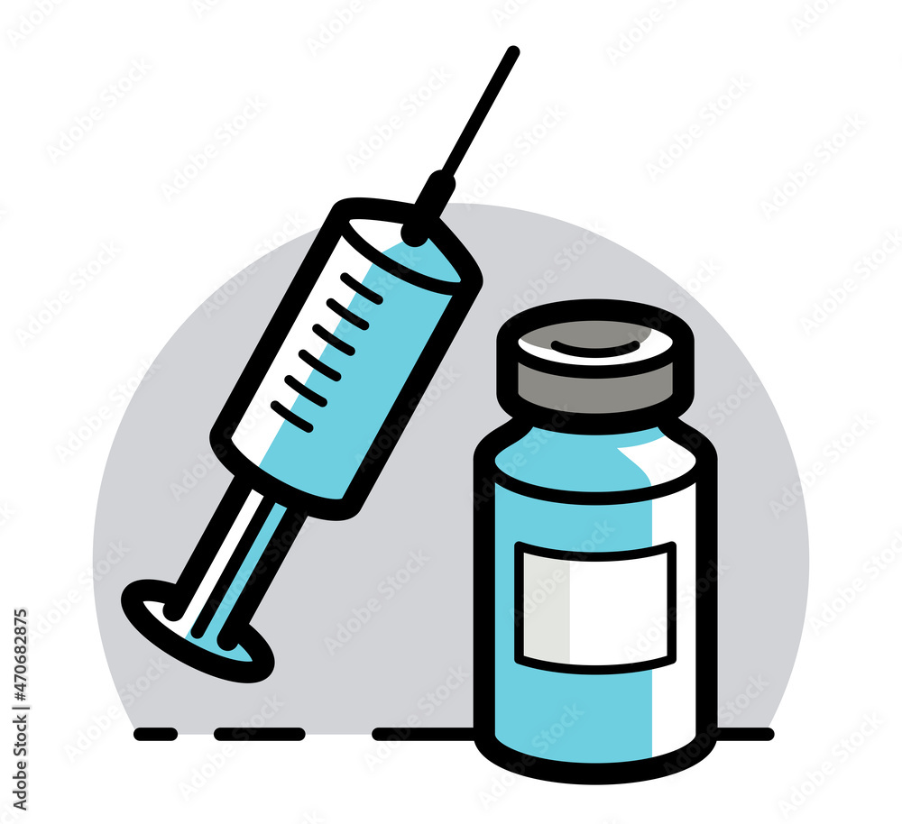 Fototapeta premium Vaccination theme vector illustration of a syringe with vial isolated over white, epidemic or pandemic coronavirus covid 19 or flu or SARS or any other vaccine, pharmacology concept.
