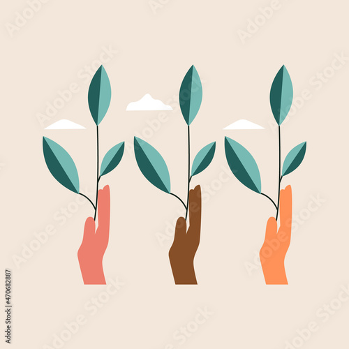 Diverse women hands holding green leaf. Earth day concept, world environment minimal poster. Girl power and feminine. Happy international women's day. Unity in diversity. Flat vector illustration