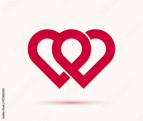Double two hearts vector icon or logo, wedding and couple concept romantic theme, care and togetherness, two linked hearts connected.