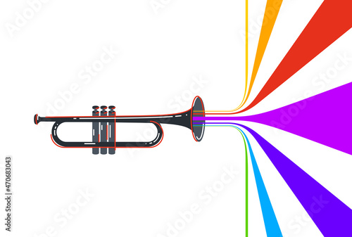 Jazz music emblem or logo vector flat style illustration isolated, trumpet logotype for recording label or studio or musical band.