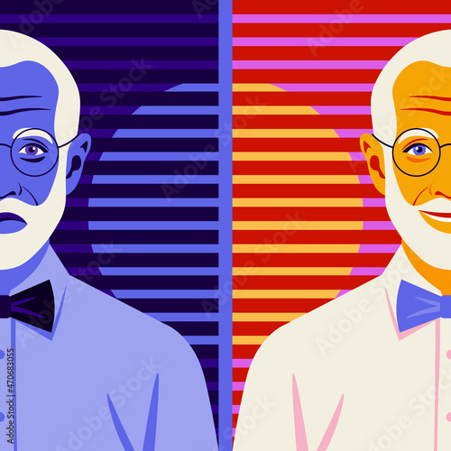 Portrait of an elderly man with bipolar disorder. Happy and depressed grandfather’s faces. Mental health. Bright vector flat illustration