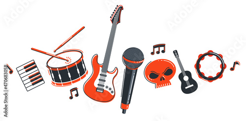 Rock music band vector flat illustration isolated over white background, hard rock and heavy metal live sound festival or concert, rock n roll musical band playing, night club party.