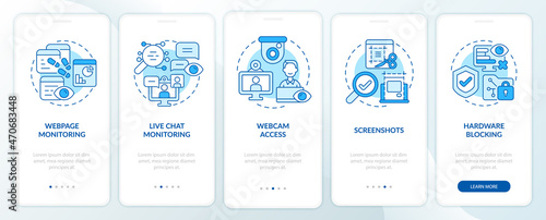 Employee monitoring software blue onboarding mobile app page screen. Work control walkthrough 5 step graphic instructions with concepts. UI, UX, GUI vector template with linear color illustrations