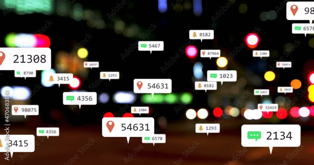 Animation of social media icons and numbers over out of focus traffic light Animation of social media icons and numbers over out of focus traffic light