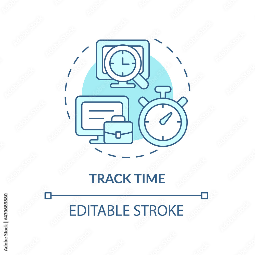 Track time blue concept icon. Control work schedule. Online surveillance. Employee monitoring abstract idea thin line illustration. Vector isolated outline color drawing. Editable stroke Track time blue concept icon. Control work schedule. Online surveillance. Employee monitoring abstract idea thin line illustration. Vector isolated outline color drawing. Editable stroke