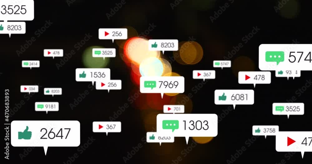 Animation of social media icons and numbers over out of focus traffic lights Animation of social media icons and numbers over out of focus traffic lights