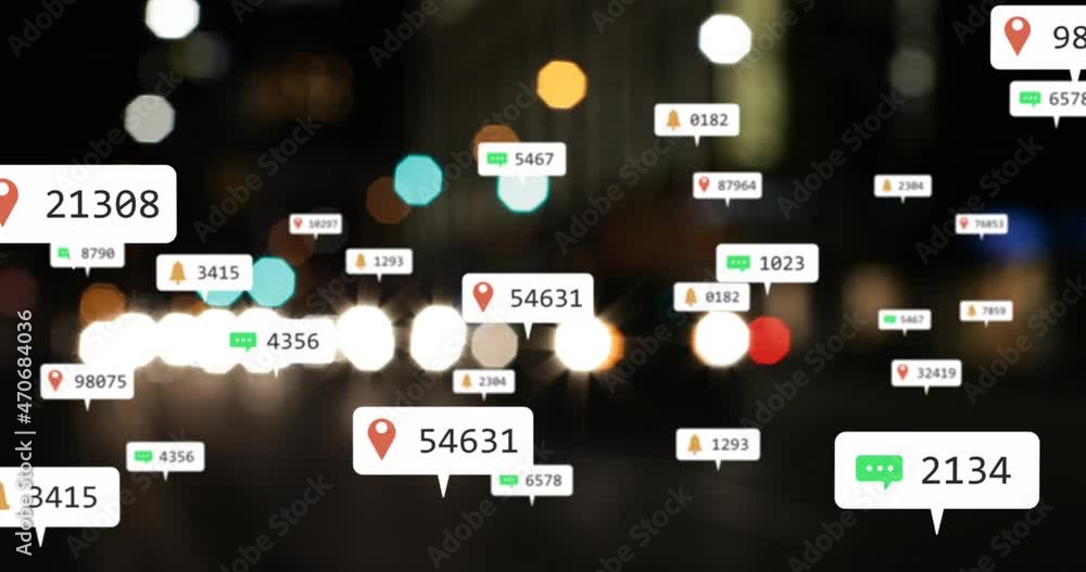 Animation of social media icons and numbers over out of focus traffic lights Animation of social media icons and numbers over out of focus traffic lights