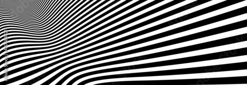 Carta da parati Op art distorted perspective black and white lines in 3D motion abstract vector background, optical illusion insane linear pattern, artistic psychedelic illustration
