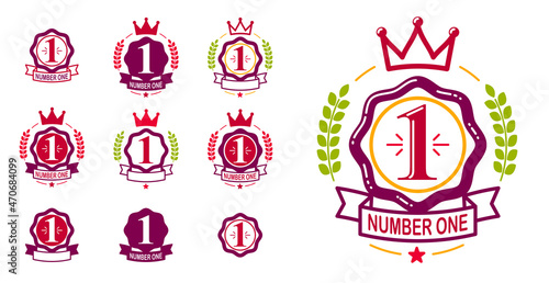 First place number one business success and triumph vector labels set isolated over white, graphic design elements, geometric vintage classic emblems collection, simplistic old style icons.