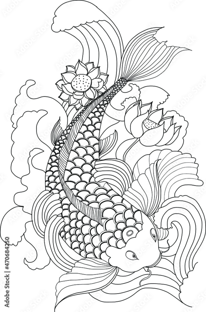 Naklejka premium hand drawn koi fish in circle, Japanese carp line drawing coloring book vector image