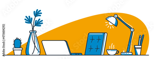 Work desk flat illustration isolated over white, office or home working place vector modern illustration, empty chair nobody vacant job concept, comfortable space for work.