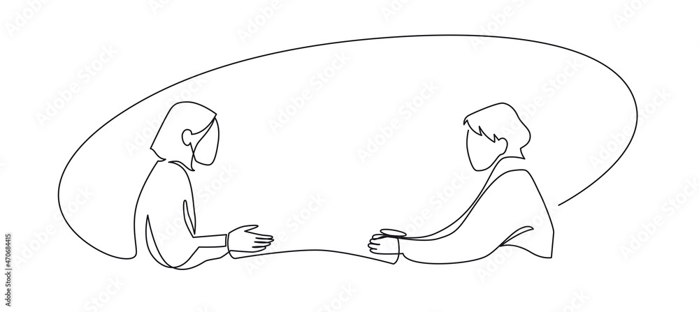 Job interview - vector modern simple one line design composition with recruiter and candidate. Continuous Line Drawing of Two women are talking at the table - obrazy, fototapety, plakaty 