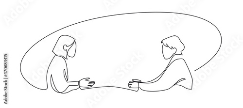 Job interview - vector modern simple one line design composition with recruiter and candidate. Continuous Line Drawing of Two women are talking at the table photo