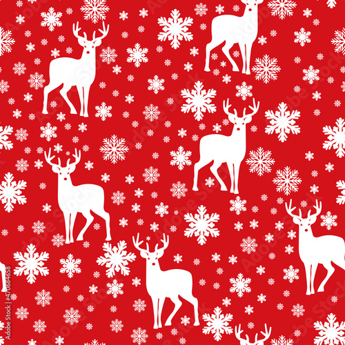 Snowflakes and deer on red background pattern, paper Christmas © Anny Cloudy