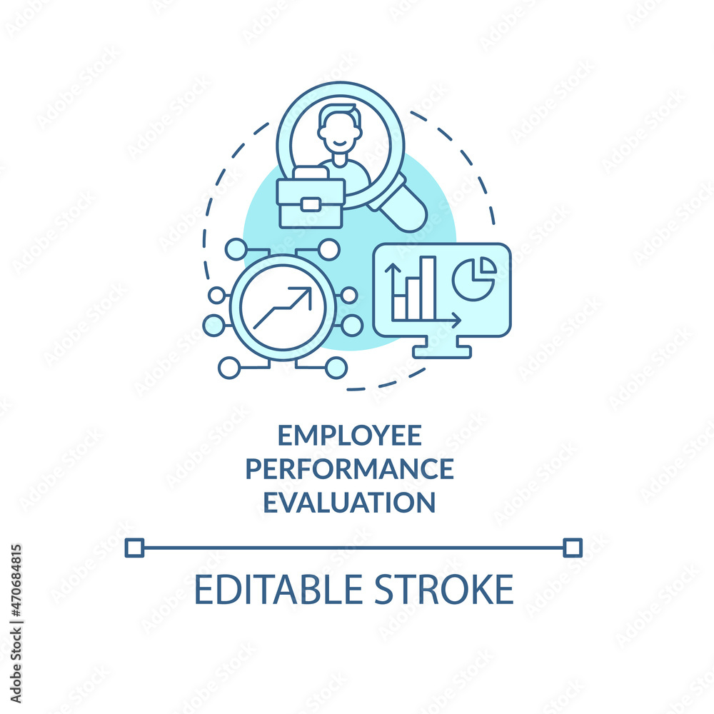 Employee performance evaluation blue concept icon. Assessing productivity. Worker monitoring abstract idea thin line illustration. Vector isolated outline color drawing. Editable stroke Employee performance evaluation blue concept icon. Assessing productivity. Worker monitoring abstract idea thin line illustration. Vector isolated outline color drawing. Editable stroke