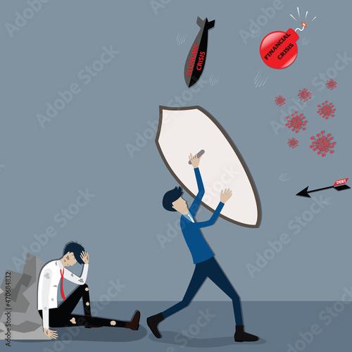 Flat of business concept,The brave businessman protected another businessman from the troubles - vector