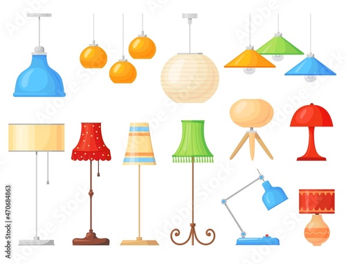 Cartoon lamps. Home interior floor and table torcheres with different lampshades, room illumination. Isolated furniture, neat decor vector set