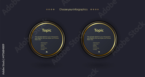 Two Golden circles Vector multipurpose Infographic template with Two elements options and Premium golden version on a dark background with 2 golden info chart template design.eps
