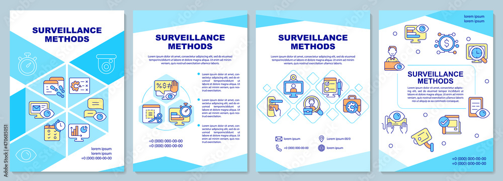 Surveillance methods brochure template. Employee monitoring. Flyer, booklet, leaflet print, cover design with linear icons. Vector layouts for presentation, annual reports, advertisement pages Surveillance methods brochure template. Employee monitoring. Flyer, booklet, leaflet print, cover design with linear icons. Vector layouts for presentation, annual reports, advertisement pages
