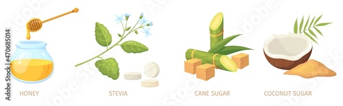 Cartoon natural sweetener. Brown organic cane sugar, honey honeycombs, green leaves stevia plants and pills, diet food, health nature alternative immunization sweeteners neat vector