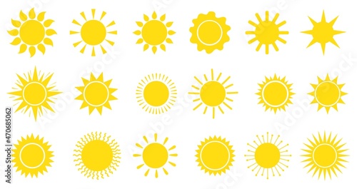 Warm sun symbols. Suns vector icons, natural sunshine symbol set, spring sunny rays pictograms, summer solar hot weather sunbeams graphics, sunlight signs neat illustration image