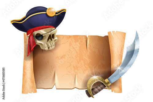 Pirate game frame, vector old parchment paper scroll, corsair ancient map, iron saber, skull, captain hat. Vintage blank sign board, invitation certificate design isolated on white. Pirate party frame
