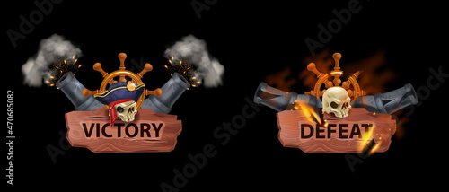 Victory pirate game badge kit, vector corsair win lose achievement icon, iron firing cannon, skull, fire, smoke. UI RPG award emblem, game over reward design, wooden sign board. Victory game asset