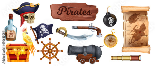 Pirate game icon set, vector cartoon corsair object, vintage parchment map, skull, iron cannon, saber. Ancient treasure chest, rum bottle, jolly roger flag, UI RPG elements on white. Pirate game kit